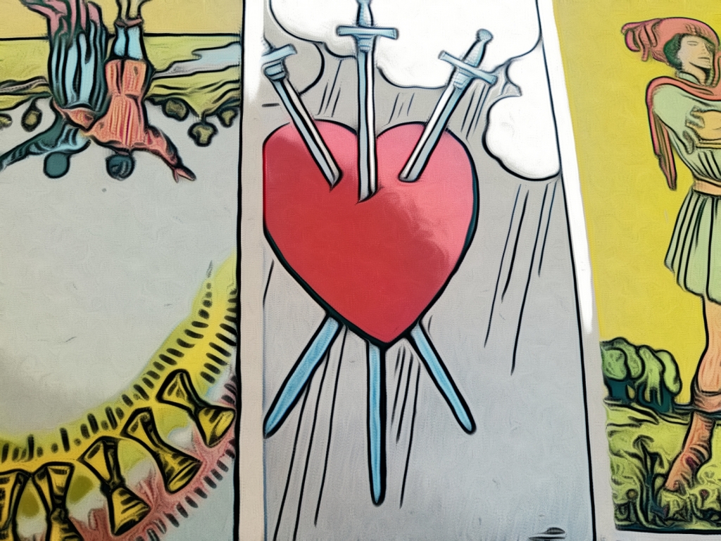 Three card tarot spread during reading for April 12th, 2022 edited by Dr. Digital Philosophy 